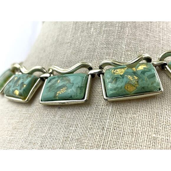 VTG Coro Thermoset Necklace Choker 17" Turquoise & Gold Confetti Silver Tone 50s - Picture 9 of 16